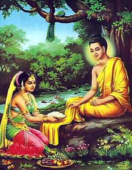 Sujata offered Buddha milk-rice under the banyan tree