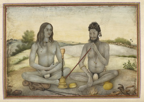 Fig. 11 Aughar and Kanphata Yogi, from Tashrih al-aqvam, p. 399. India, Hissar, Hansi Cantonment, 1825. Manuscript, watercolor; 31.5 x 22 cm (folio). The British Library Board, Add.27255, f.399b 